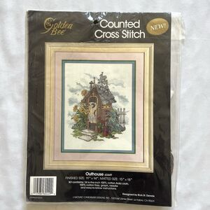 NEW Vintage 1990 Golden Bee Counted Cross Stitch Kit Outhouse Sunflowers #60449